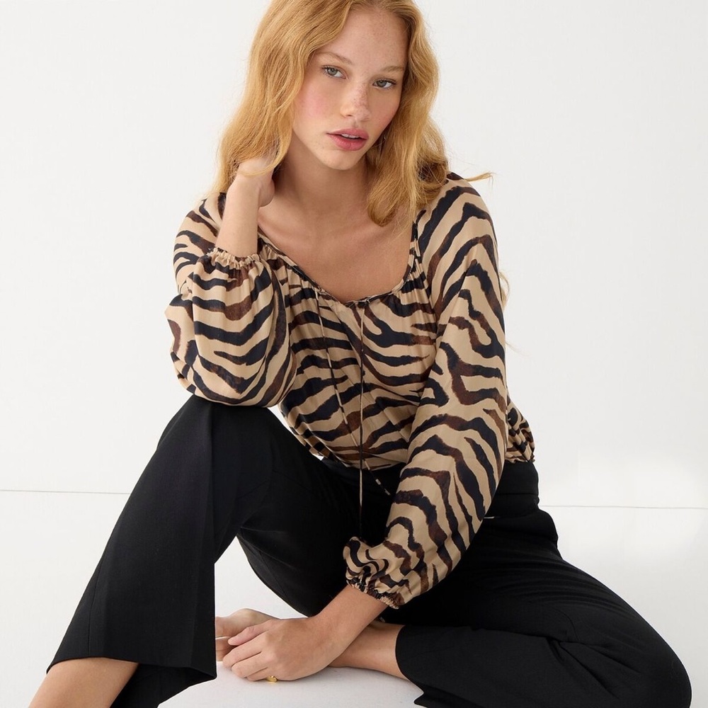 J. Crew drapey tie front zebra print lightweight blouse size XS